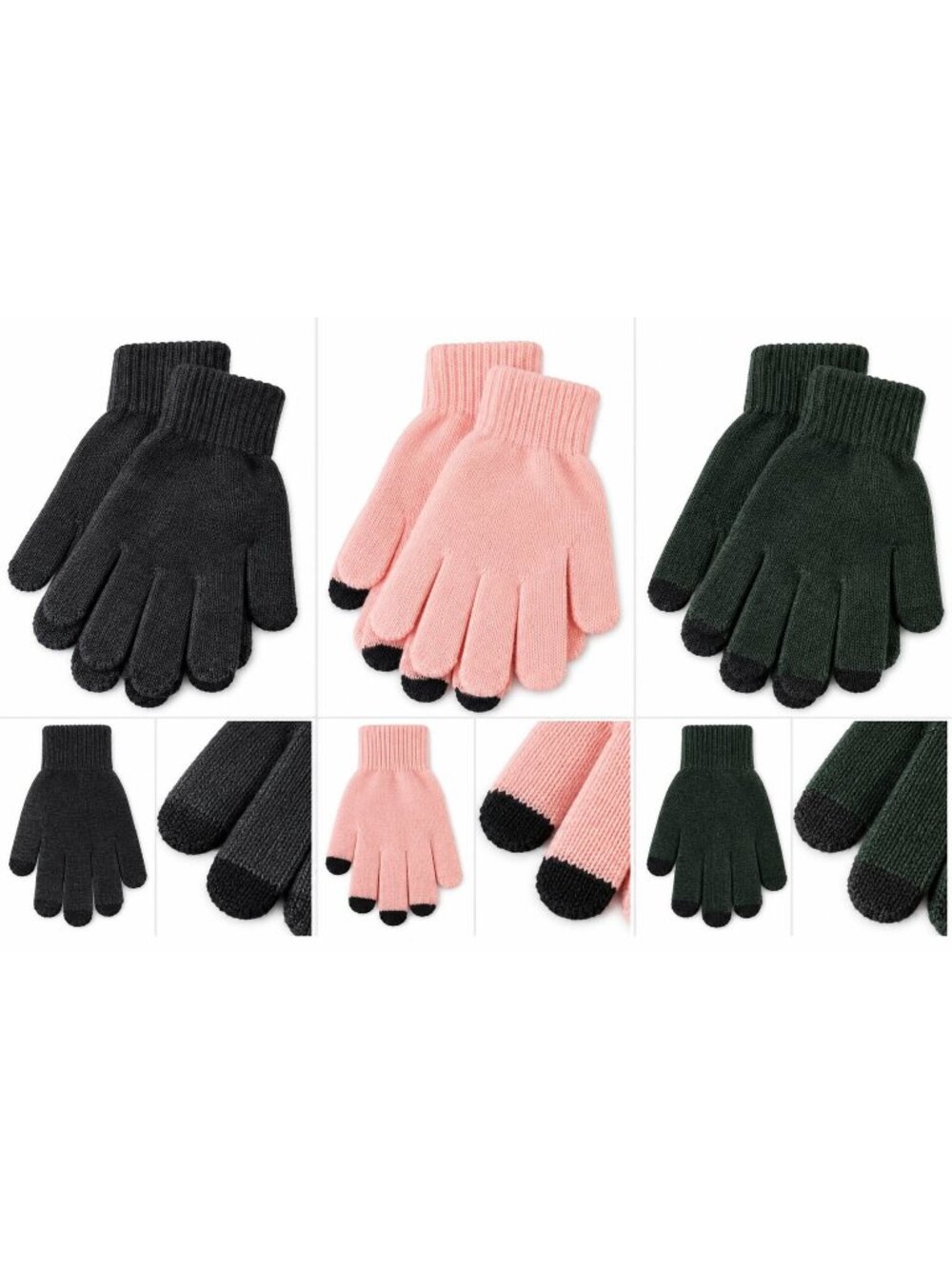 Knit Touchscreen Winter Gloves with Ribbed Cuffs Black Pink